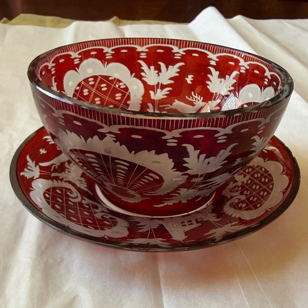 Antique Egermann Bohemian Czech ruby red glass bowl and saucer set centerpiece